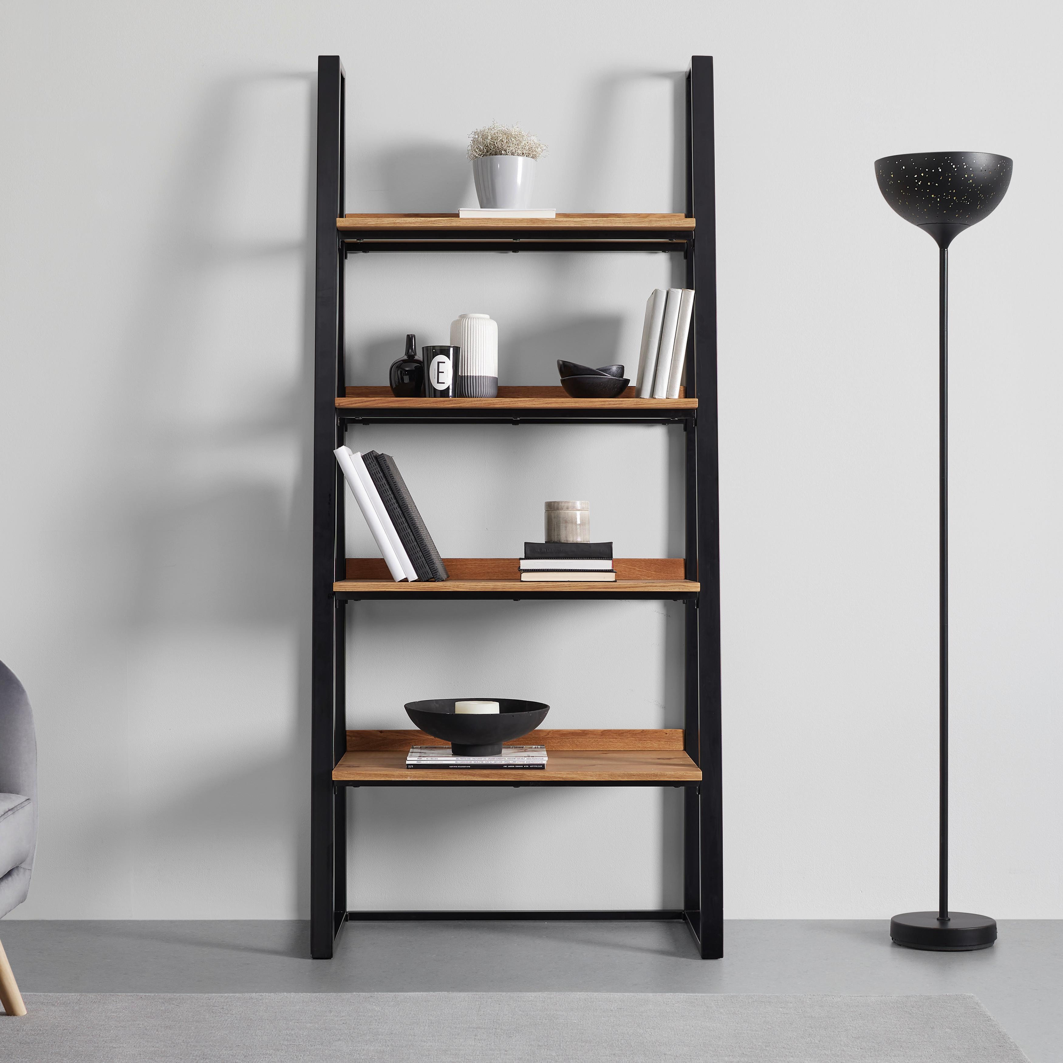 Industriálny Regál Juno 90cm - černá/barvy dubu, Moderní, kov/dřevo (90/200/40cm) - Bessagi Home