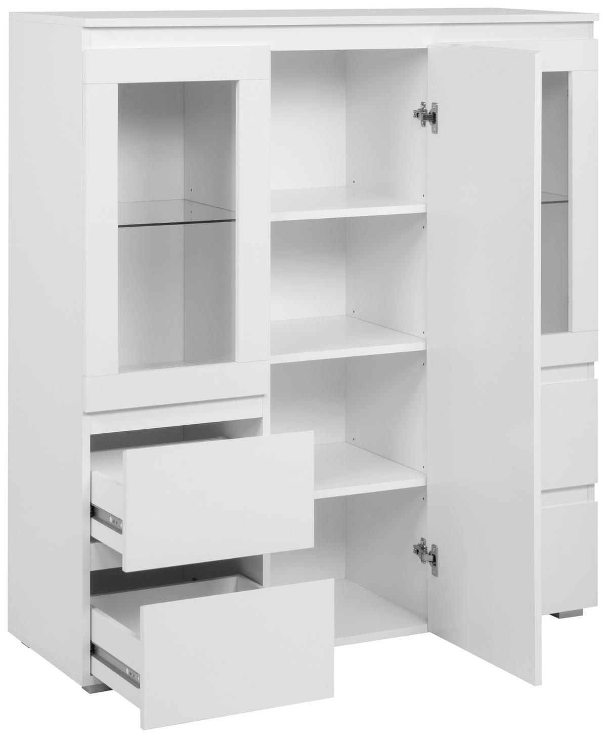 Highboard Capetown Weiß HG B: 116 cm - Weiß Hochglanz/Silberfarben, Trend, Glas/Holzwerkstoff (116/126/40cm)