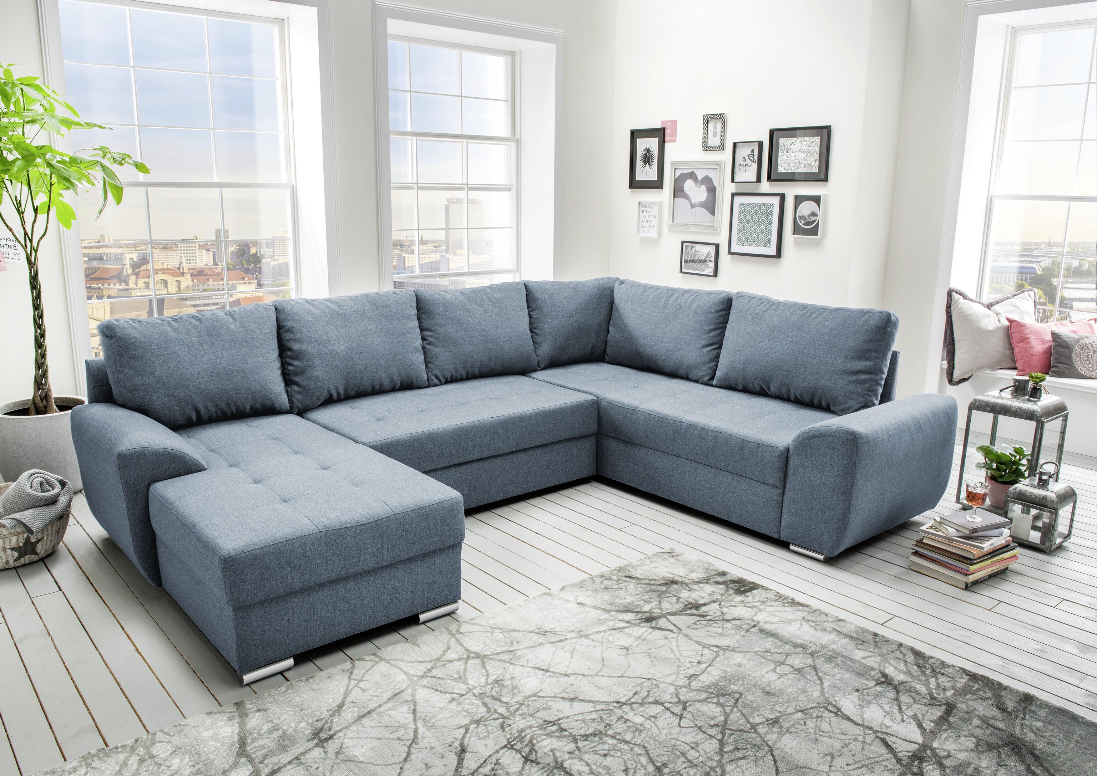 Wohnlandschaft mit Schlaffunktion Sinja - Chromfarben/Blau, KONVENTIONELL, Textil (156/292/218cm) - Livetastic