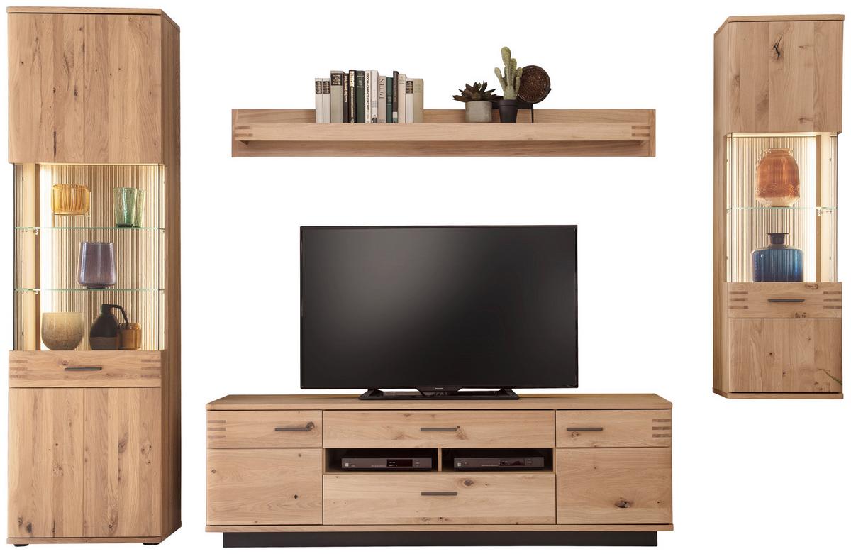 Wohnkombination teilmassiv 4--teilig. Salvador Eichefarben - Eichefarben/Schwarz, Design, Glas/Holz (305/208/50cm) - Livetastic