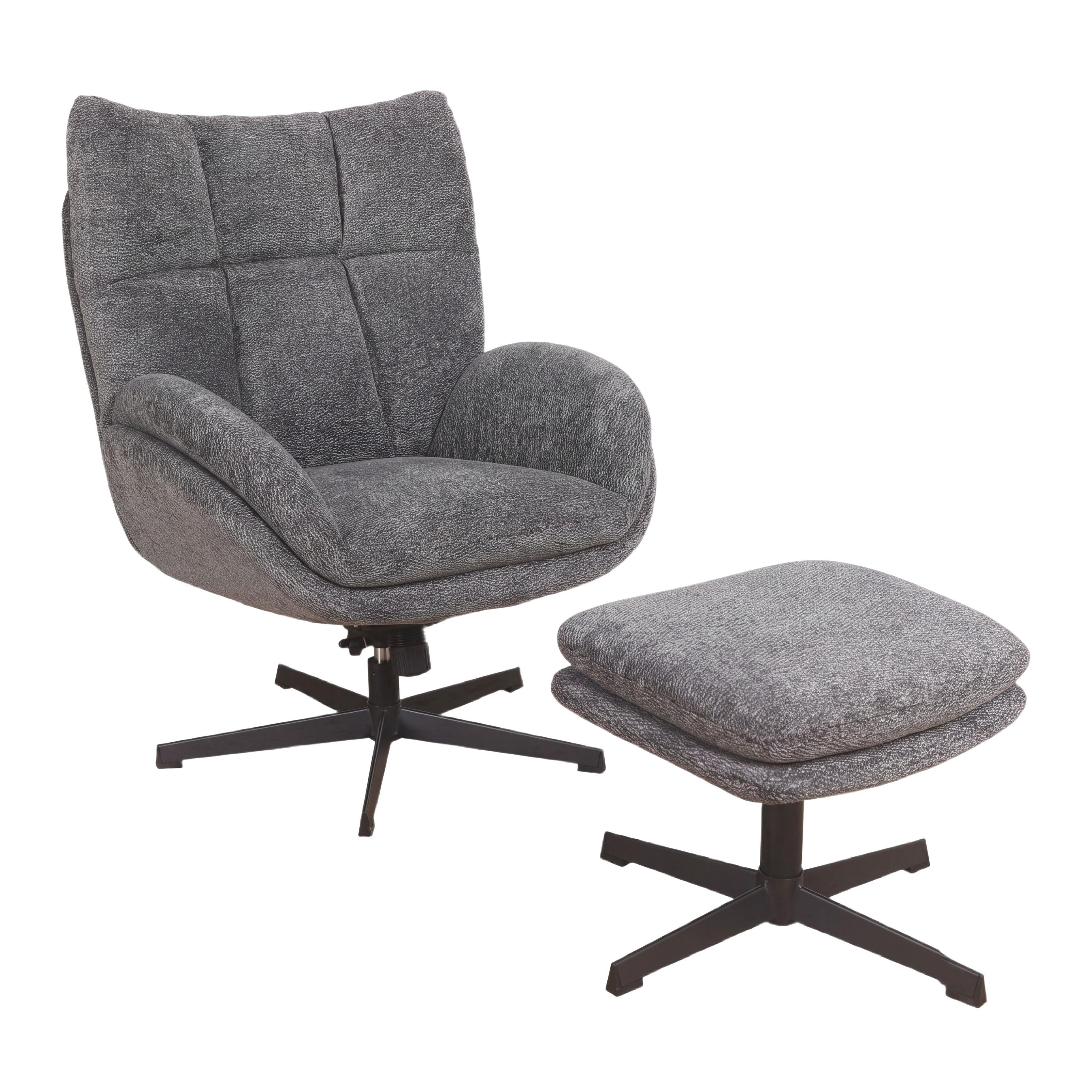 Relaxační křeslo HOUSTON, tm.šedá žinylka, s taburetem - černá/tmavě šedá, Moderní, kov/textil (76/101/87cm)