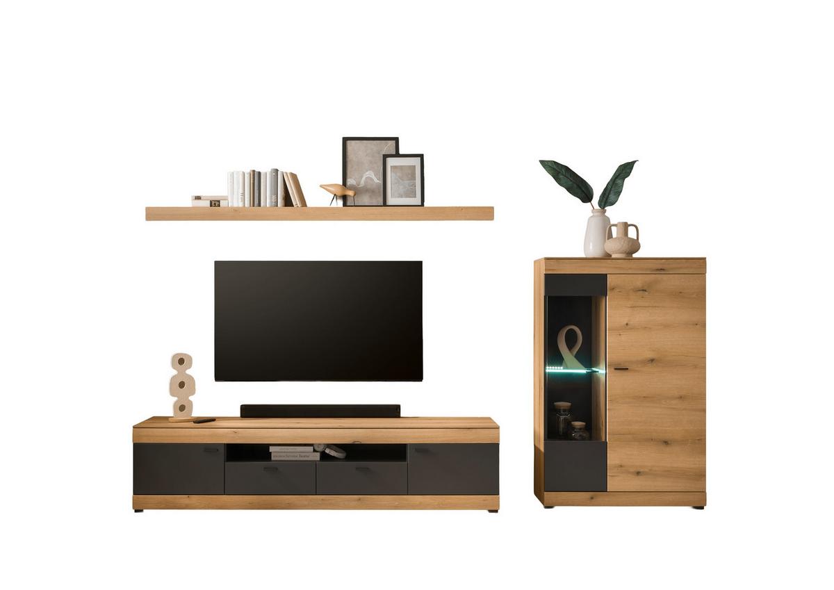 Wohnwand Soleto Graphit/Eichefarben B: 300cm - Eichefarben/Schwarz, Design, Glas/Holzwerkstoff (300/170/45cm) - MID.YOU