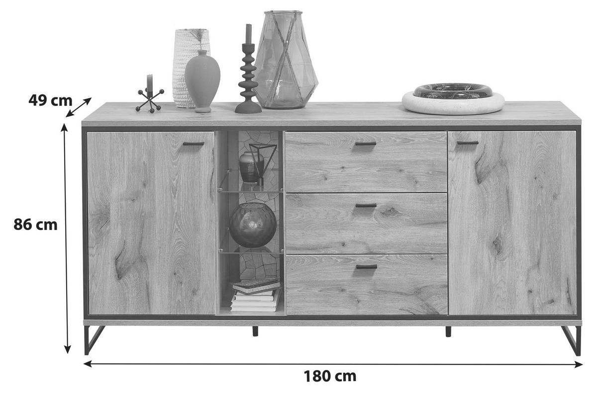 Sideboard Ruben - Eichefarben/Schwarz, KONVENTIONELL, Glas/Holzwerkstoff (180/86/49cm) - Livetastic