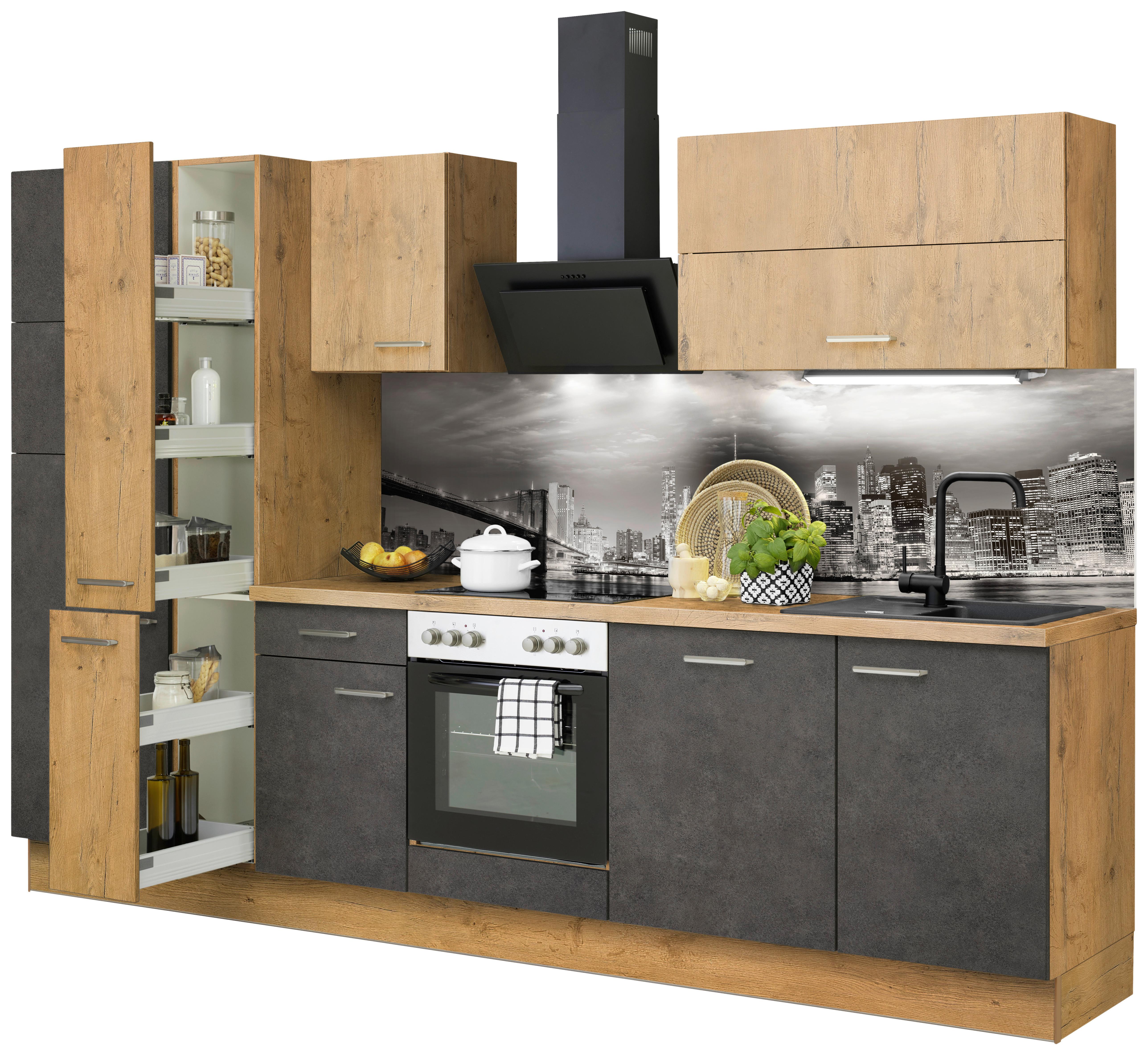 Küchenzeile Ip1200 mit Geräte B: 310 cm Grau/Eiche Dekor - Eichefarben, Basics, Holzwerkstoff (310cm) - Impuls