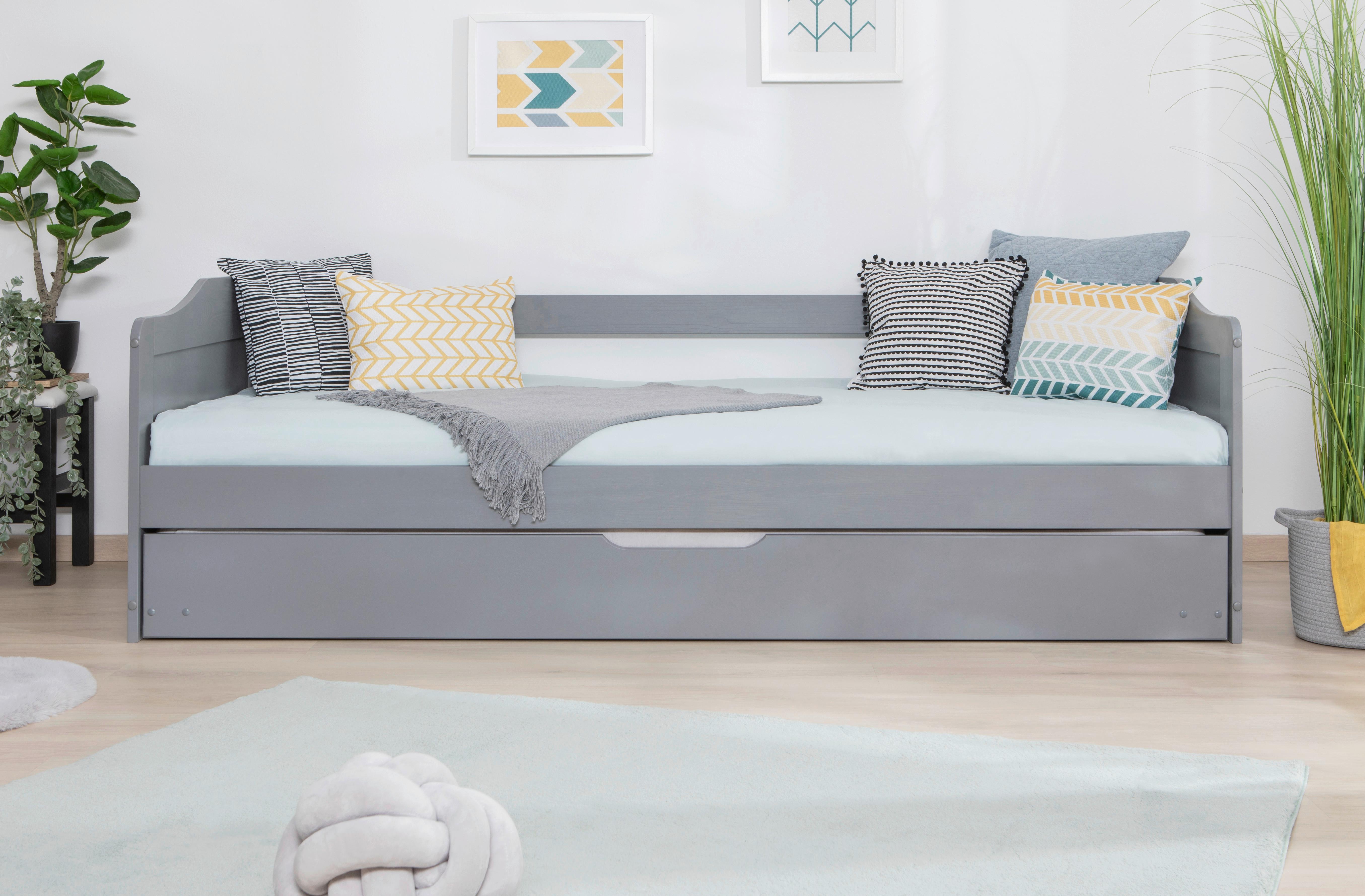 Ausziehbett Kiefer massiv mit Bettkasten 90x200 Melinda Grau