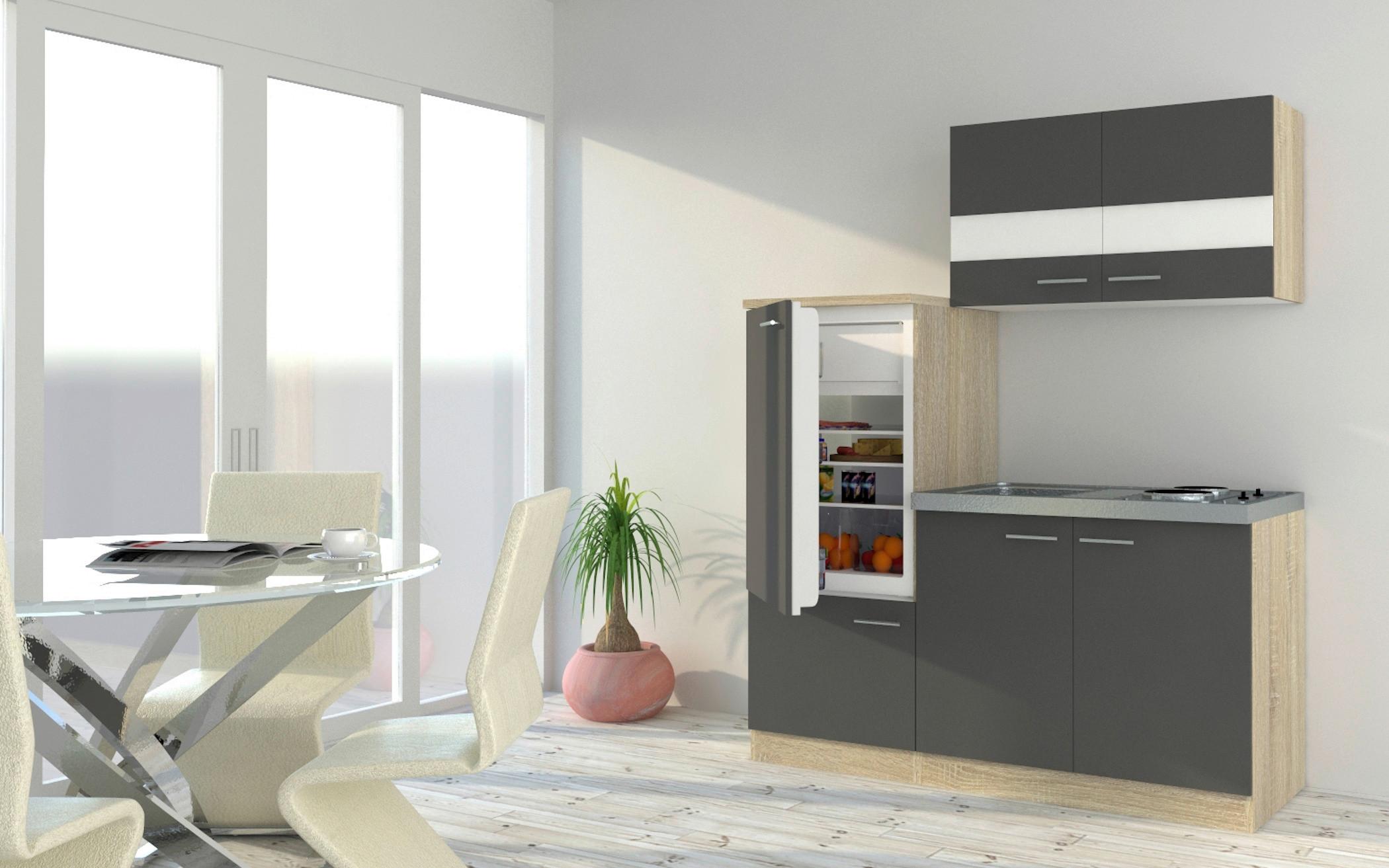 Miniküche M. Kühlschrank + Kochfeld 160 Cm Grau/eiche - Edelstahlfarben/Eichefarben, Basics, Holzwerkstoff/Metall (160cm) - Respekta