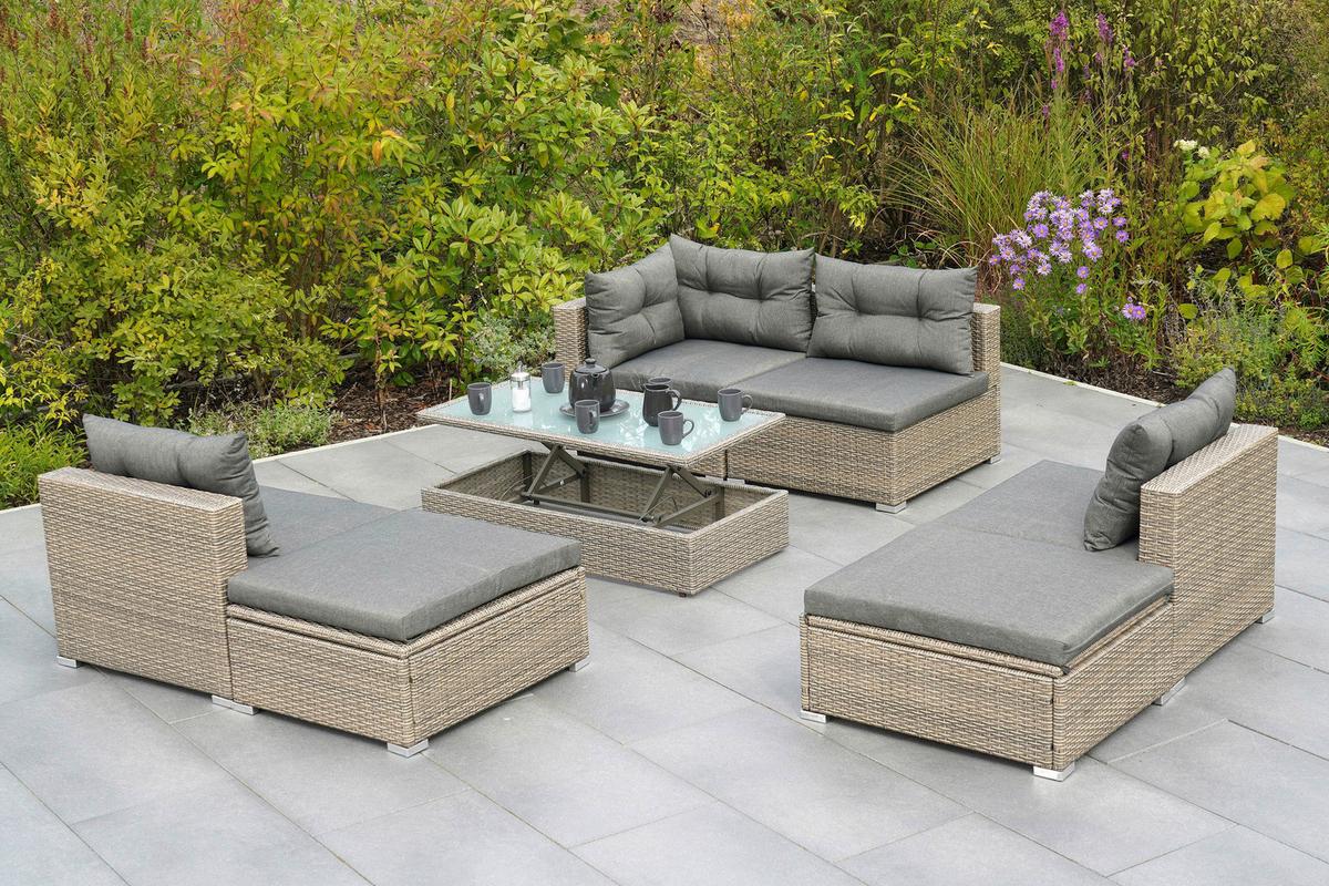 Loungegarnitur 7-Tlg. Vilemanzano aus Kunststoff - Naturfarben/Grau, MODERN, Glas/Kunststoff - Gardenson