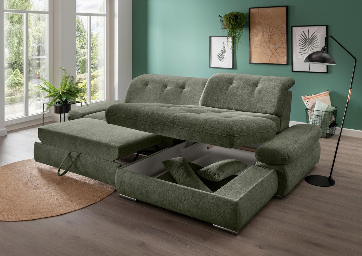 Ecksofa Mit Liegefunktion Dalida Dunkelgrün,s:300x196 Cm - Chromfarben/Dunkelgrün, Design, Textil (300/196cm) - Livetastic