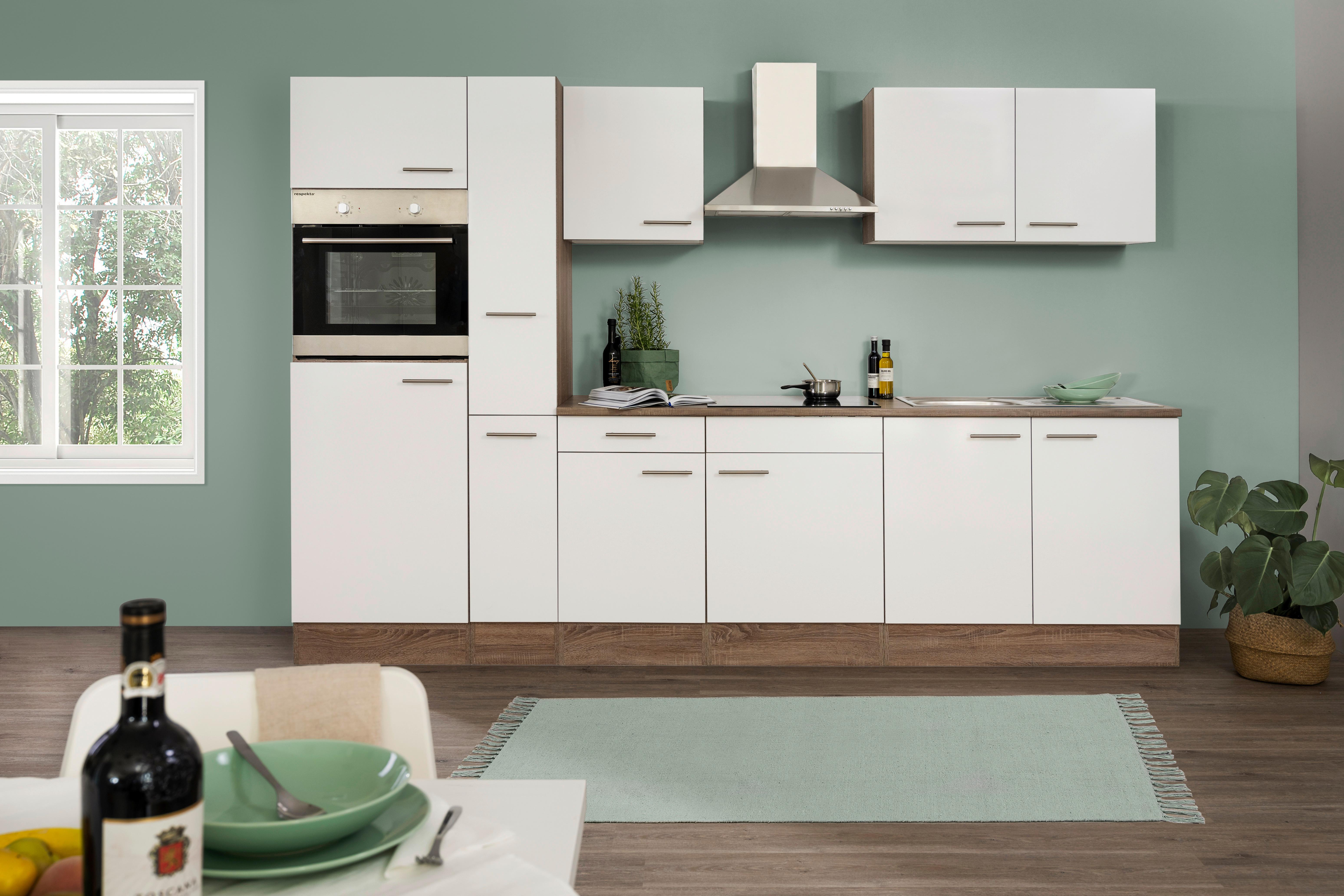 Küchenzeile ohne Geräte B: 300 cm Weiß/Eiche Dekor, Modern - Eichefarben/Weiß, Basics, Holzwerkstoff (300/205/60cm) - Respekta
