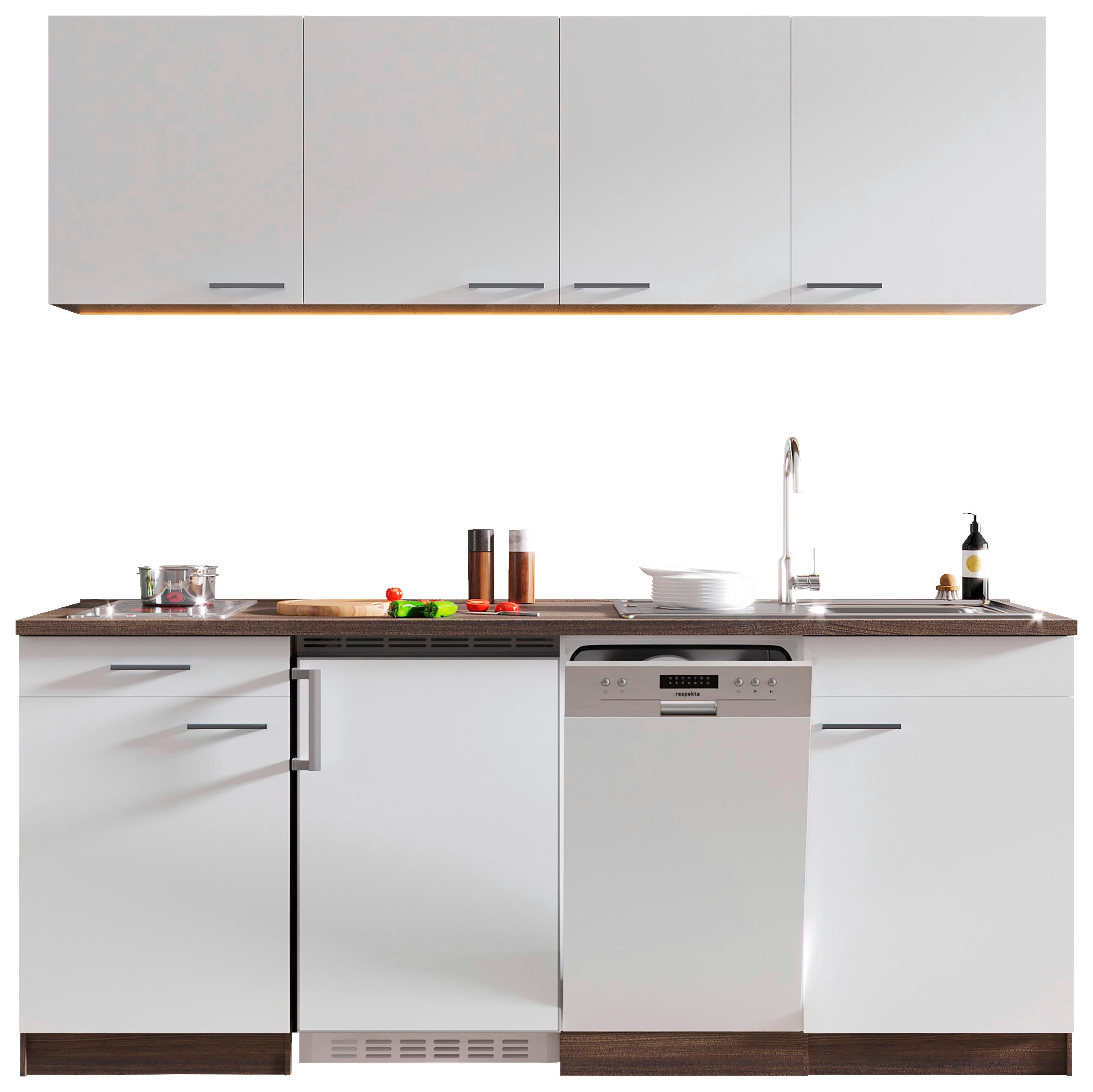Küchenzeile Economy mit Geräten 195 cm Weiß/Eiche Dekor Modern - Eichefarben/Weiß, Basics, Holzwerkstoff (195cm) - Respekta