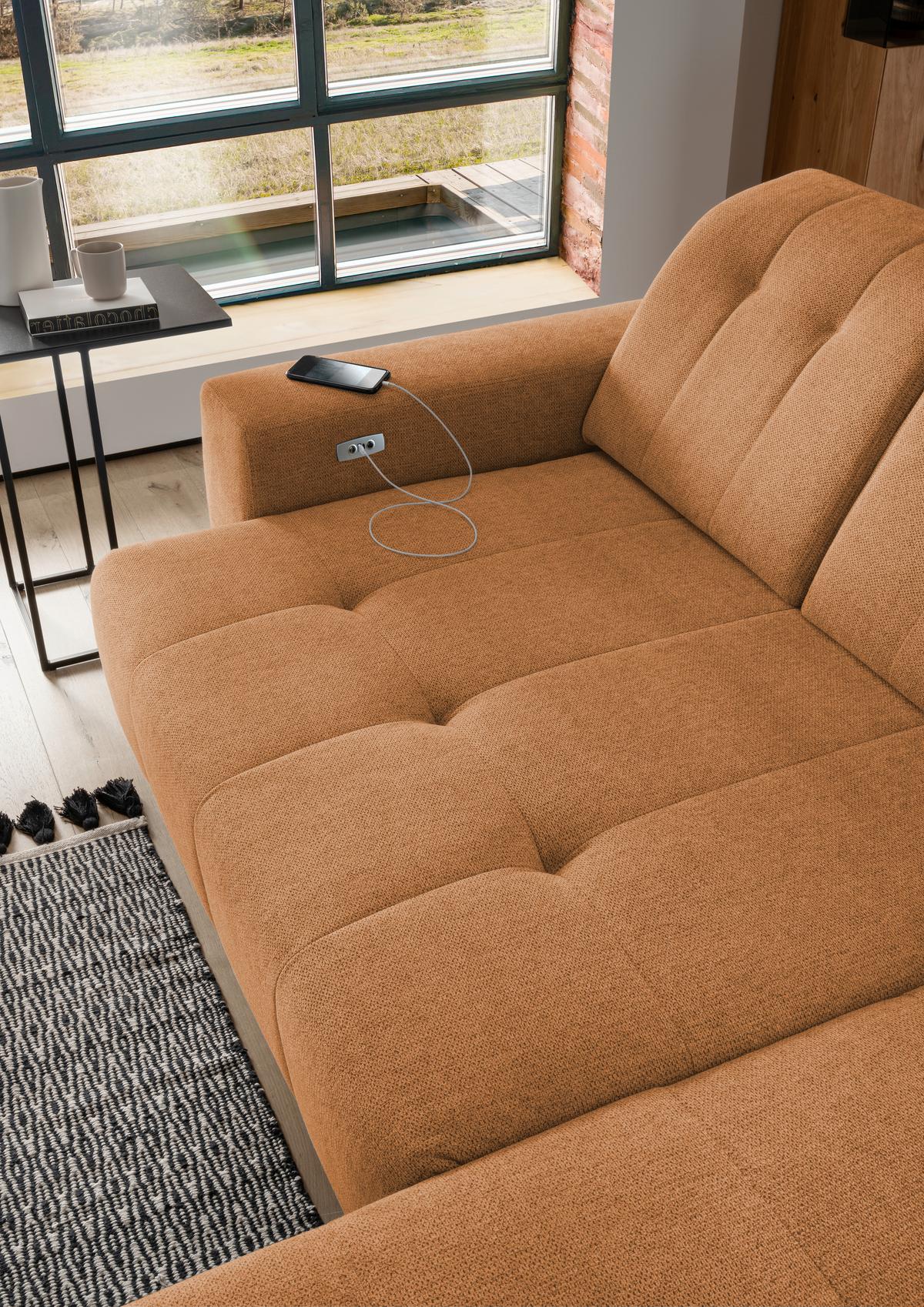 Ecksofa mit USB Anschluss Sano, Currygelb, S: 258x180 cm - Currygelb/Schwarz, MODERN, Textil (258/180cm) - Livetastic