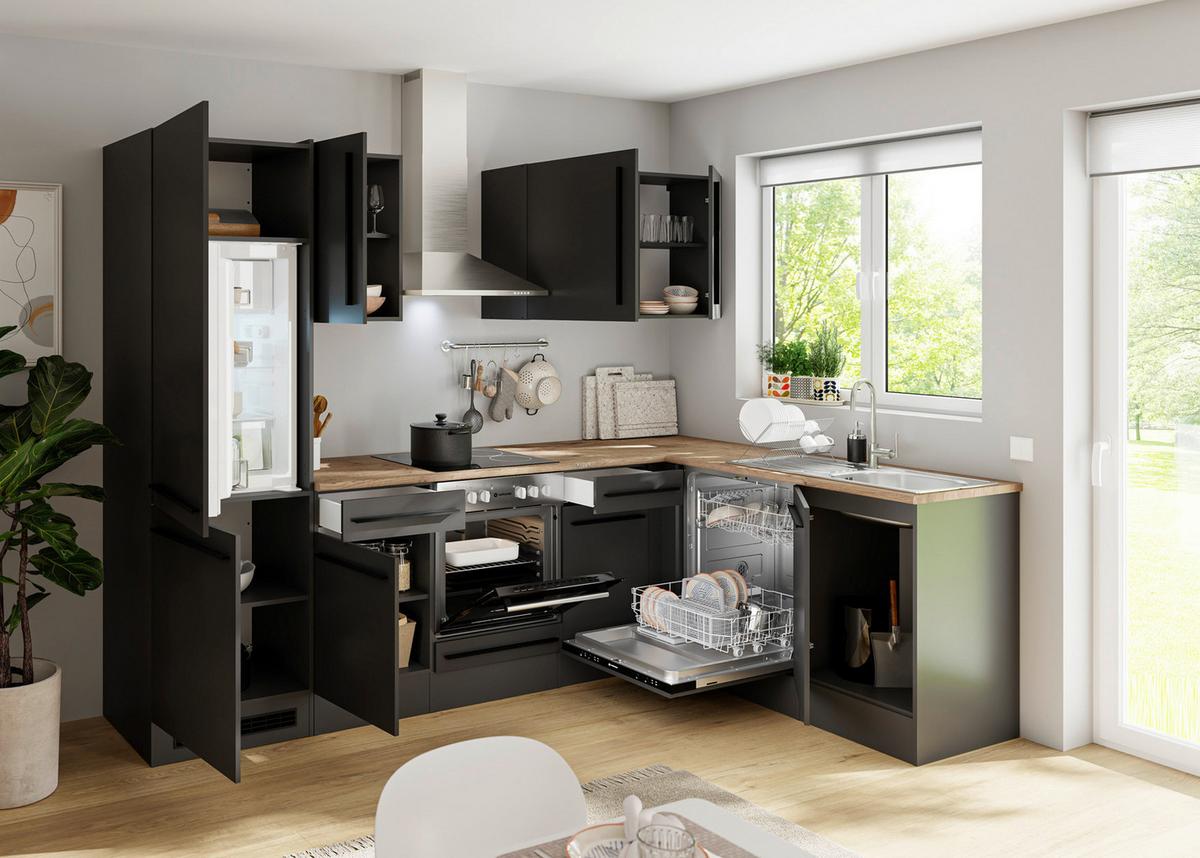 Eckküche Jazz 8 280 Schwarz S: 280x175 cm - Eichefarben/Schwarz, LIFESTYLE, Holzwerkstoff (280/175cm) - P & B