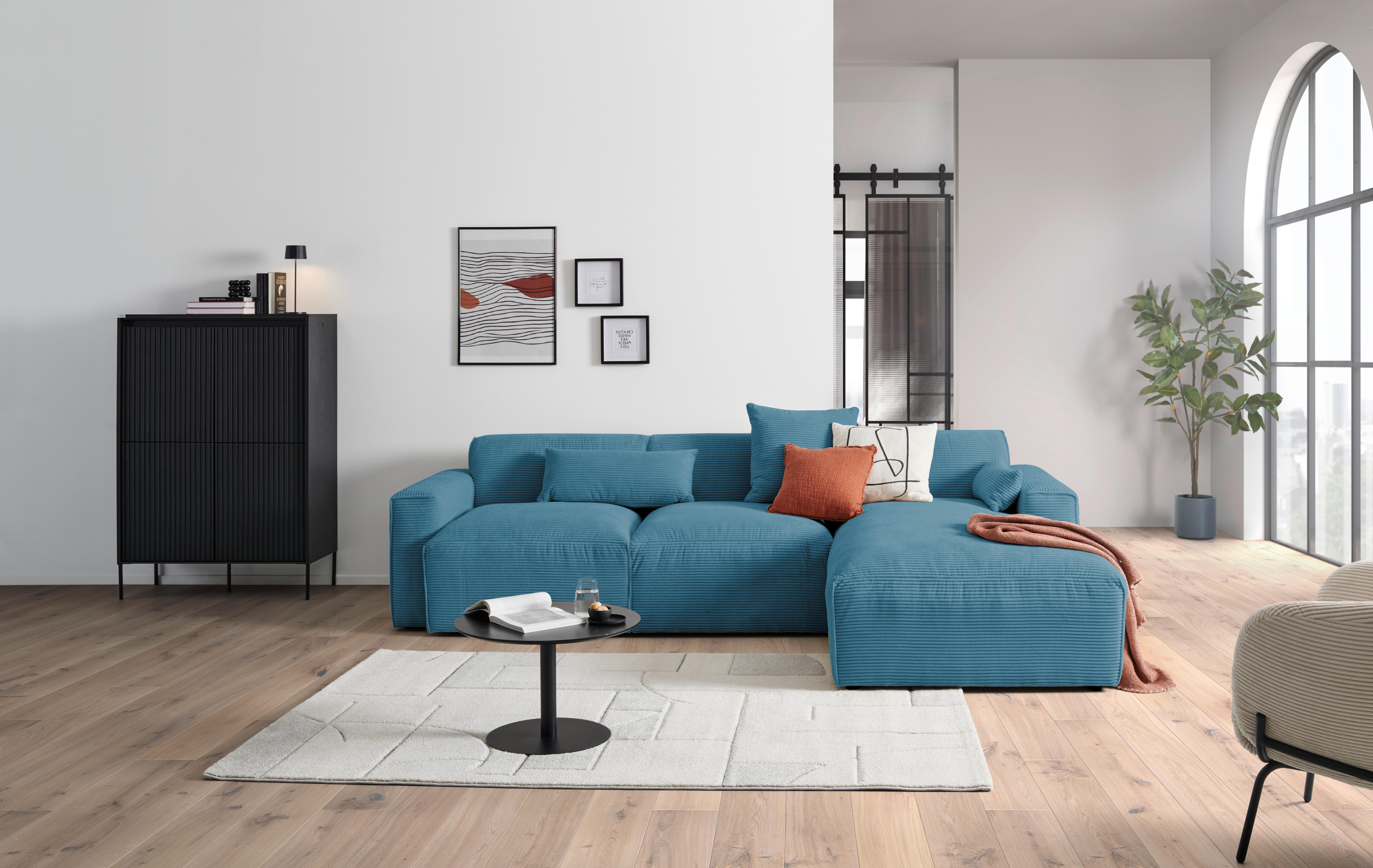 Ecksofa mit Zierkissen Pearl Hellblau 303x196 cm - Schwarz/Hellblau, Design, Textil (303/196cm) - Livetastic
