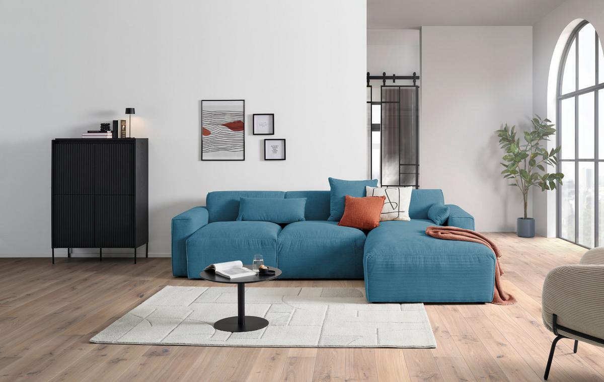 Ecksofa mit Zierkissen Pearl Hellblau 303x196 cm - Schwarz/Hellblau, Design, Textil (303/196cm) - Livetastic