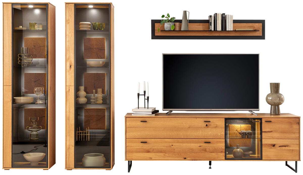 Wohnwand Assini 4-Teilig Wildeiche B: 359 cm - Wildeiche/Schwarz, Design, Glas/Holz (359/206/50cm) - MID.YOU