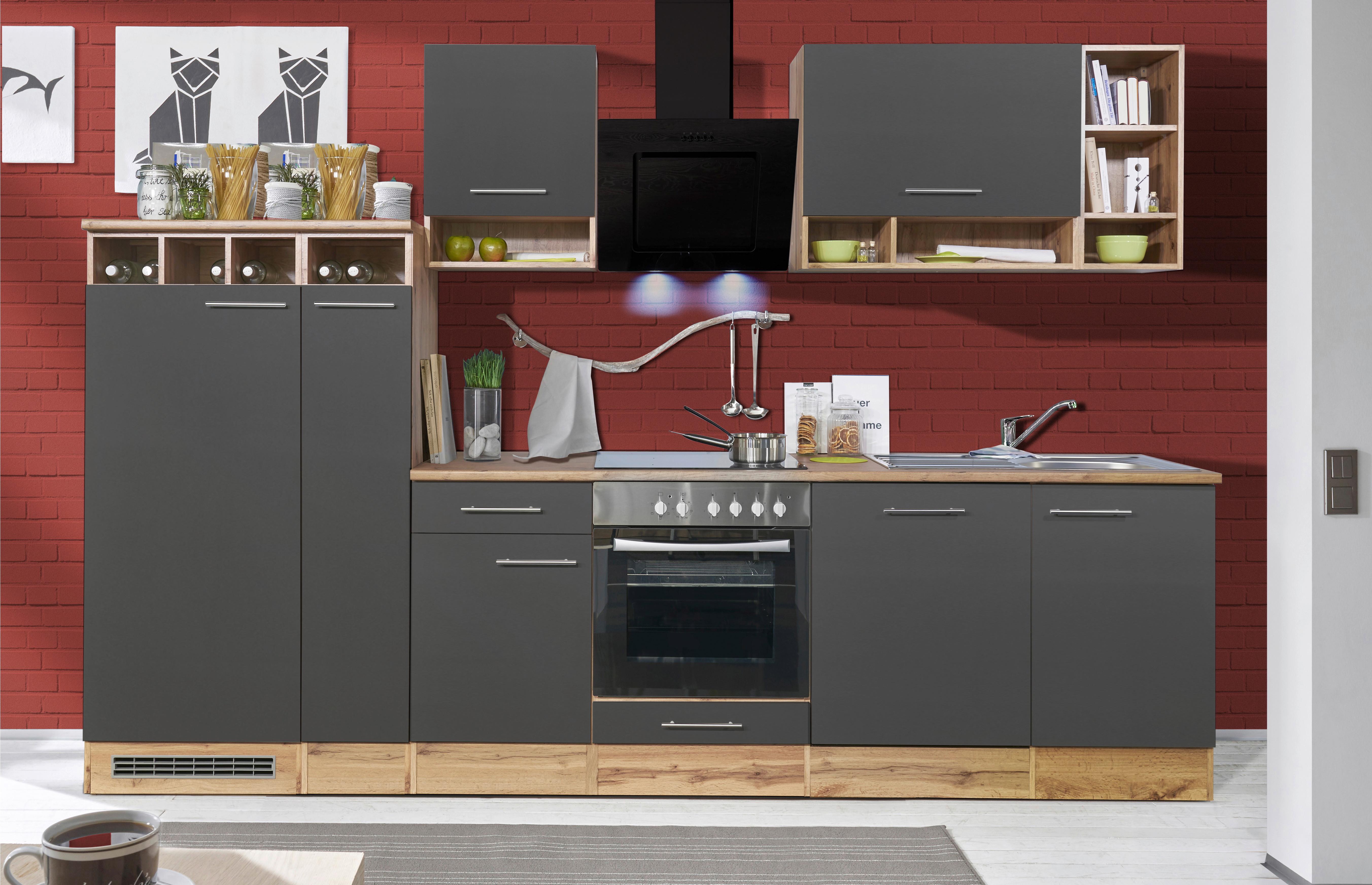 Küchenzeile ohne Geräte B: 310 cm Grau/Wildeiche Dekor - Wildeiche/Grau, Basics, Holzwerkstoff (310cm) - Respekta