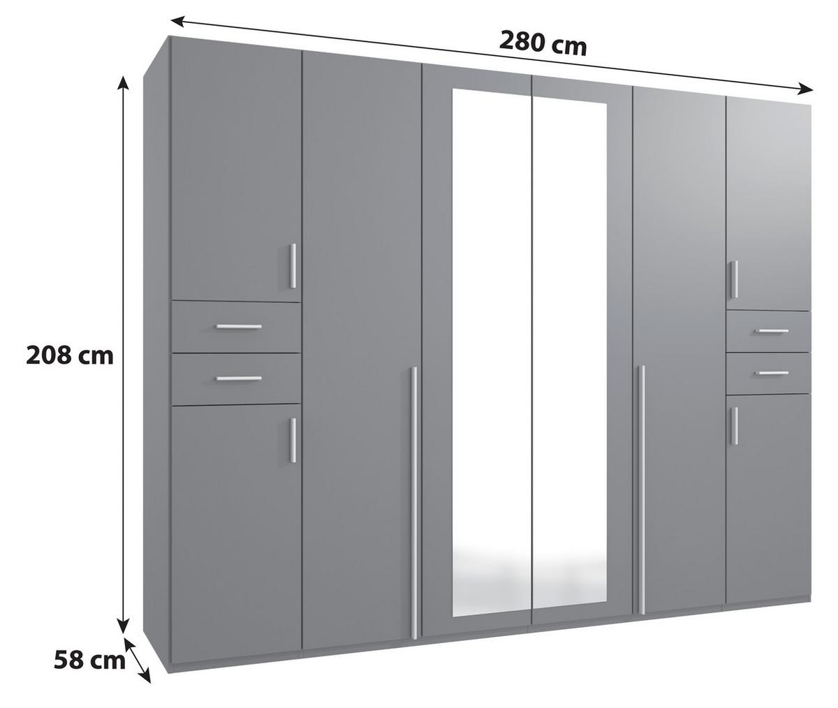 Drehtürenschrank mit Spiegel + Laden B: 270 cm Vegas, Graphit - Graphitfarben, Basics, Holzwerkstoff (270/208/58cm) - P & B