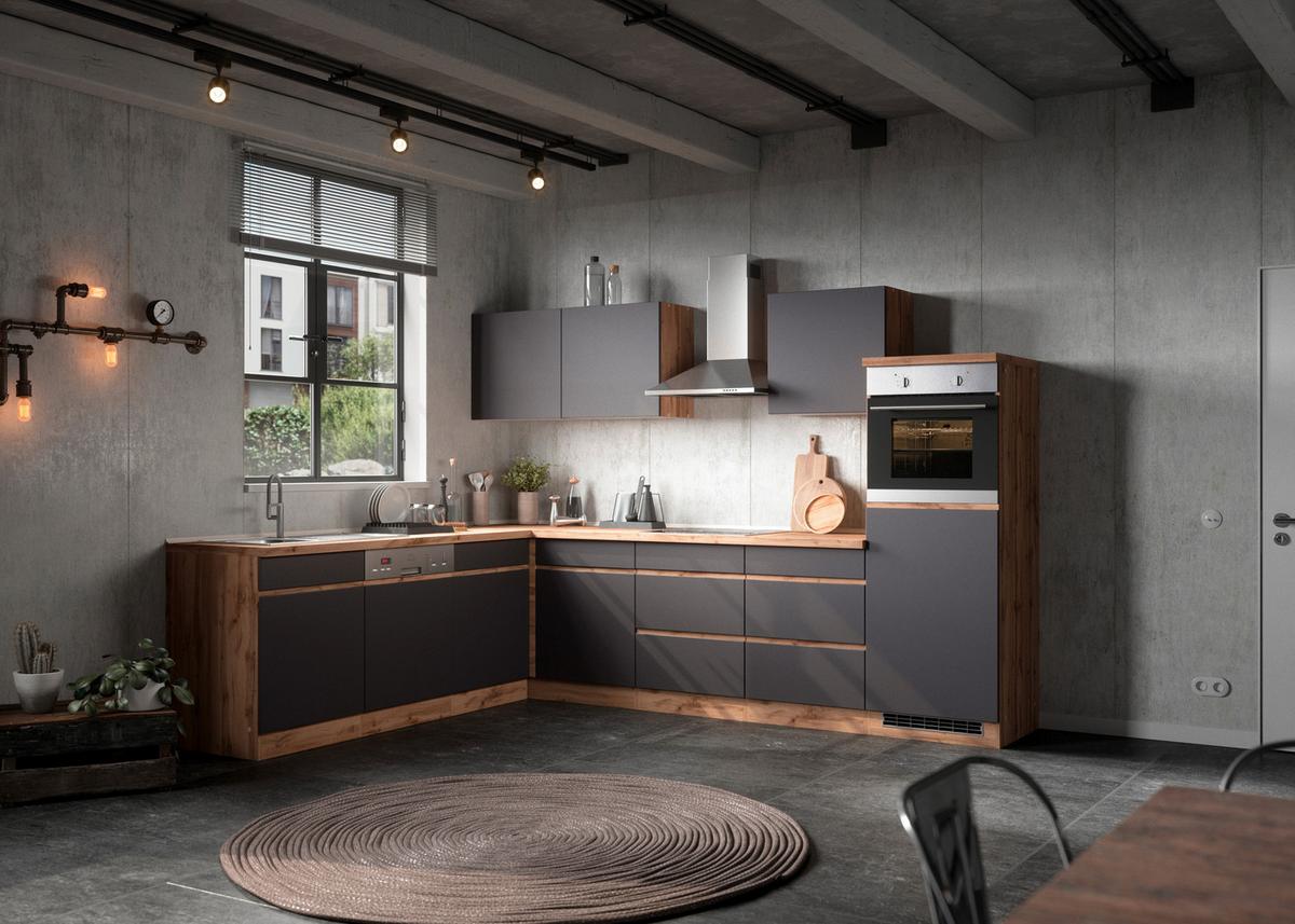 Eckküche Turin ohne Geräte B: 300cm Grau/Wotaneiche Dekor - Eiche Wotan/Grau, Design, Holzwerkstoff (300cm) - Held