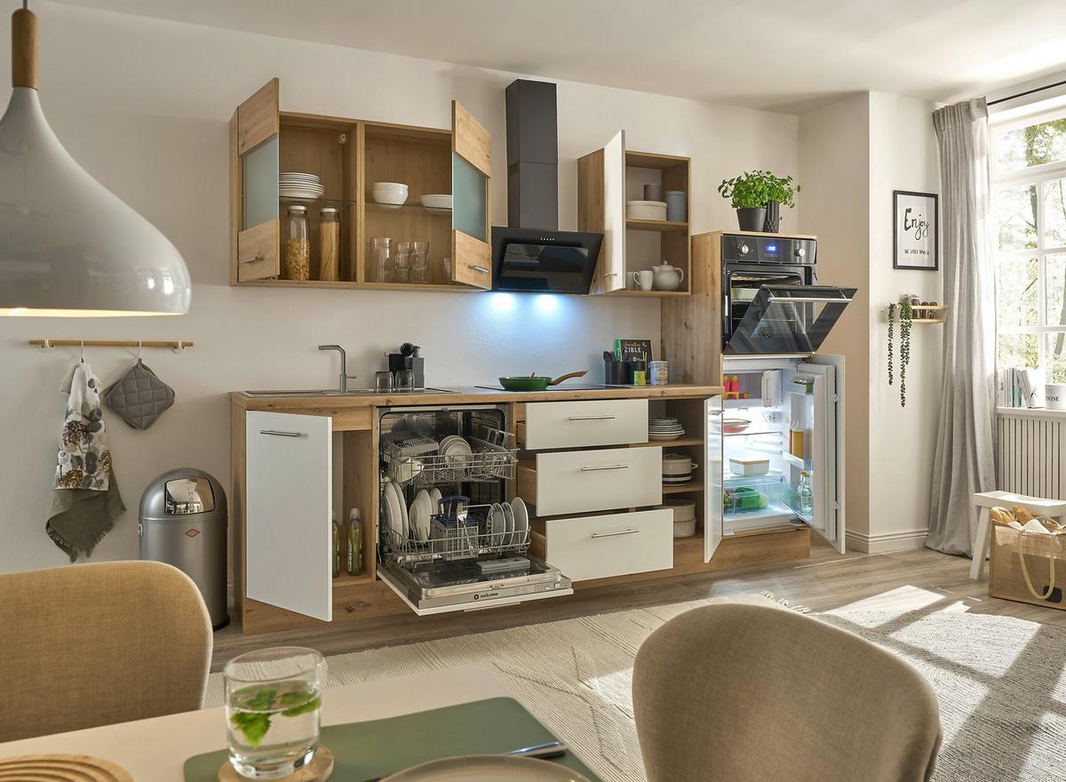 Küchenblock Capri Weiß/eiche Dekor B: 280 Cm - Weiß/Eiche Artisan, Basics, Glas/Holzwerkstoff (280cm) - MID.YOU