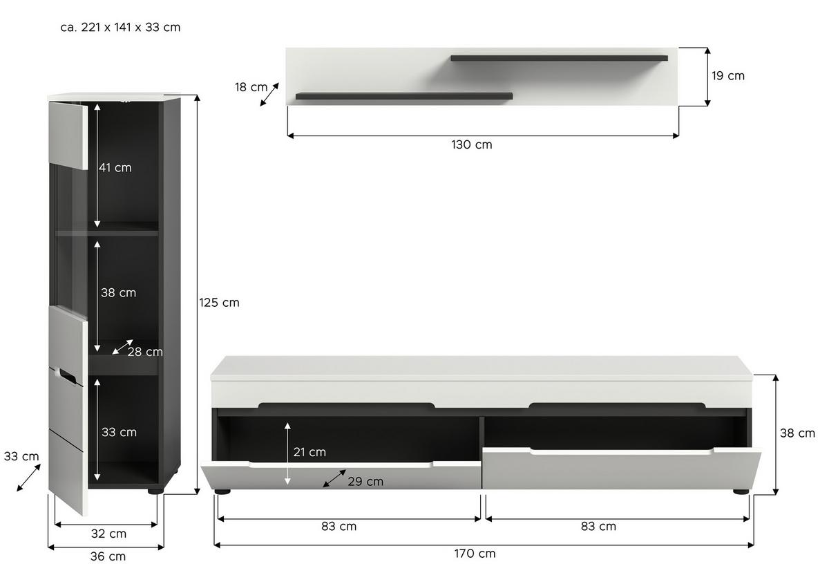 WOHNWAND Canu Weiß B: 221cm - Schwarz/Weiß, Design, Holzwerkstoff (221/141/33cm) - Livetastic