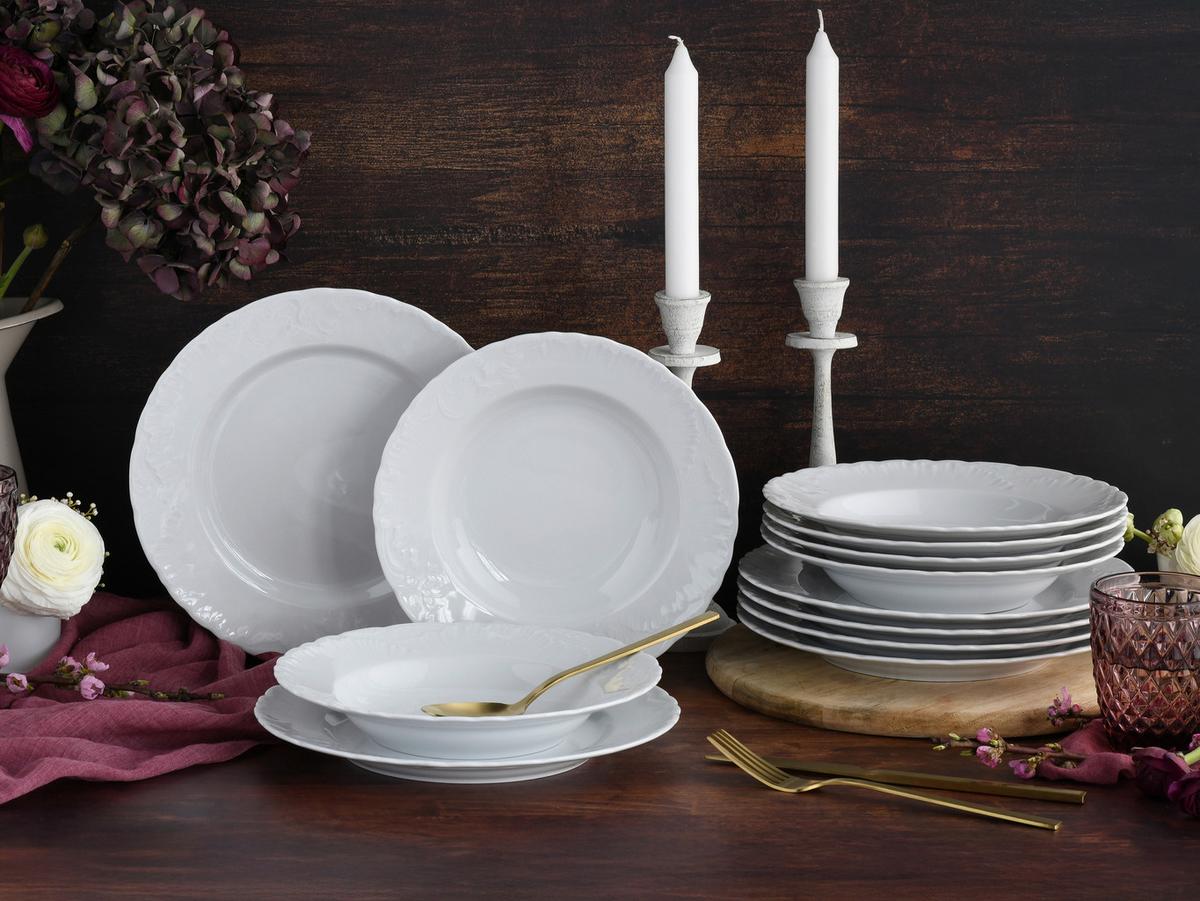 Tafelservice Rokoko Weiss Prozellan, 6 Pers., 12-teilig - Weiß, Basics, Keramik - Creatable