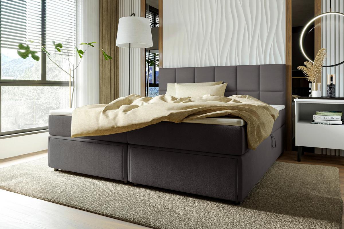 Boxspringbett Garda mit Topper 160x200 - Dunkelgrau/Schwarz, KONVENTIONELL, Holzwerkstoff/Textil (160/200cm)