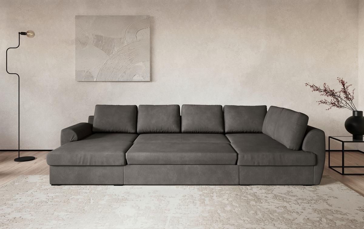 Wohnlandschaft m. Bettfunktion Mirkrofaser grau, B: 327cm - Schwarz/Grau, Trend, Textil (154/327/86cm) - MID.YOU