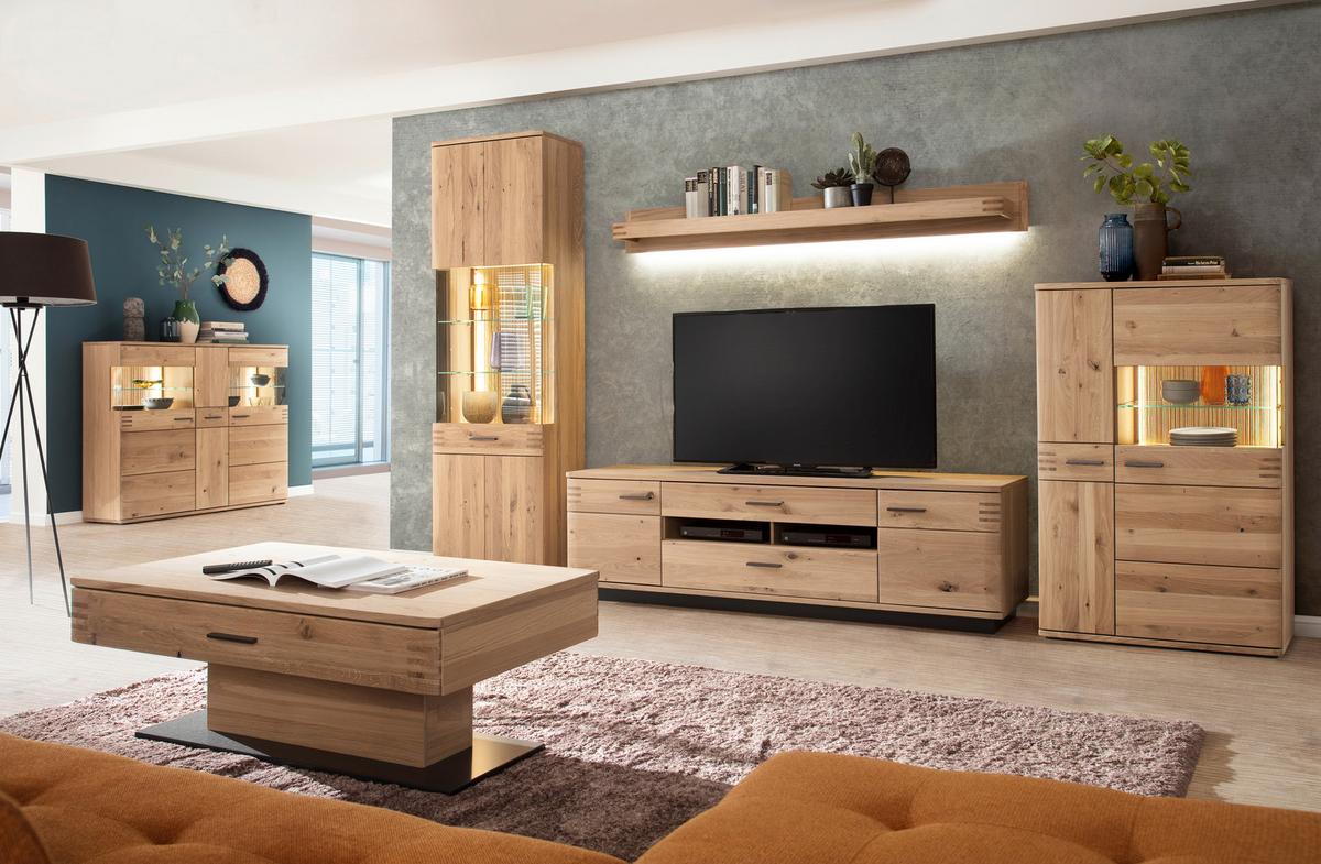 Wohnkombination teilmassiv 4--teilig. Salvador Eichefarben - Eichefarben/Schwarz, Design, Glas/Holz (350/208/50cm) - Livetastic