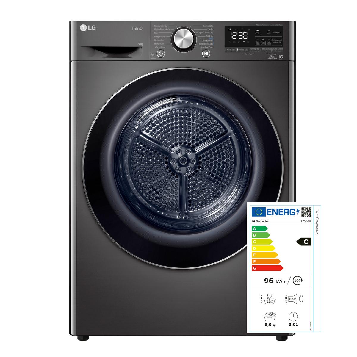 Wärmepumpentrockner Lg Rt80v9b - Chromfarben/Schwarz, Basics, Glas/Kunststoff (60/85/66cm) - LG