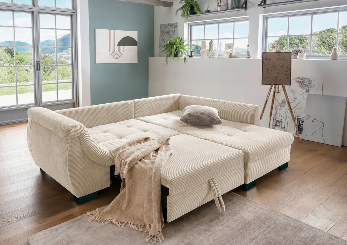 Ecksofa mit Schlaffunktion Flora Beige Cord - Graubraun/Beige, Design, Textil (250/190cm) - MID.YOU