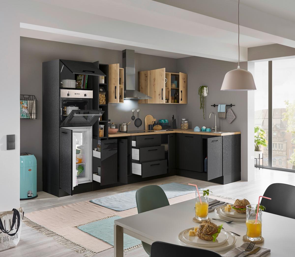 Eckküche Turin Schwarz/Eiche Dekor 310x175 cm - Schwarz/Eiche Artisan, Basics, Holzwerkstoff (310/175cm) - MID.YOU