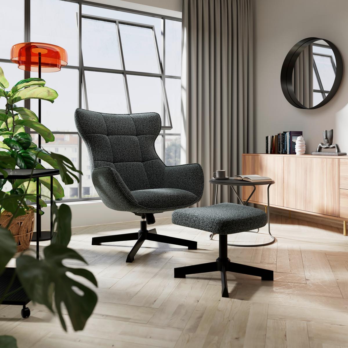 Relaxsessel Bogota Leinenoptik grau, 360° drehbar - Schwarz/Grau, MODERN, Textil/Metall (76/101/86cm) - Luca Bessoni