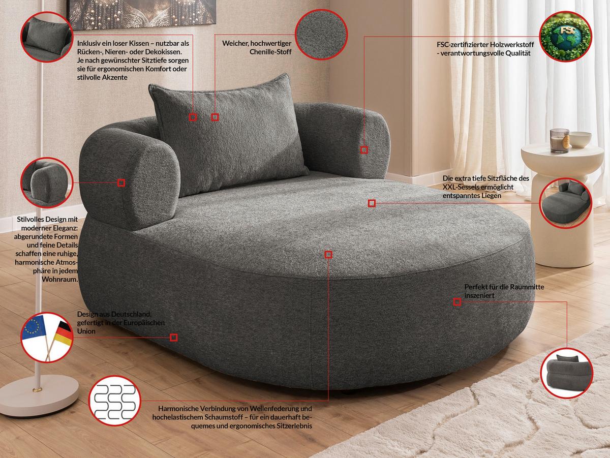 Xxl-sessel Ferro Anthrazit B: 122 Cm - Anthrazit/Schwarz, Design, Textil (122/76/156cm) - Livetastic