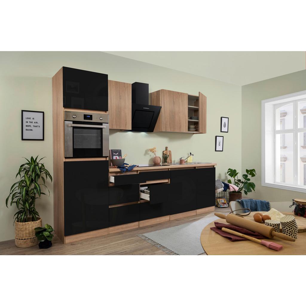 Küchenzeile Premium M. Geräten 280 Cm Schwarz/eiche Dekor