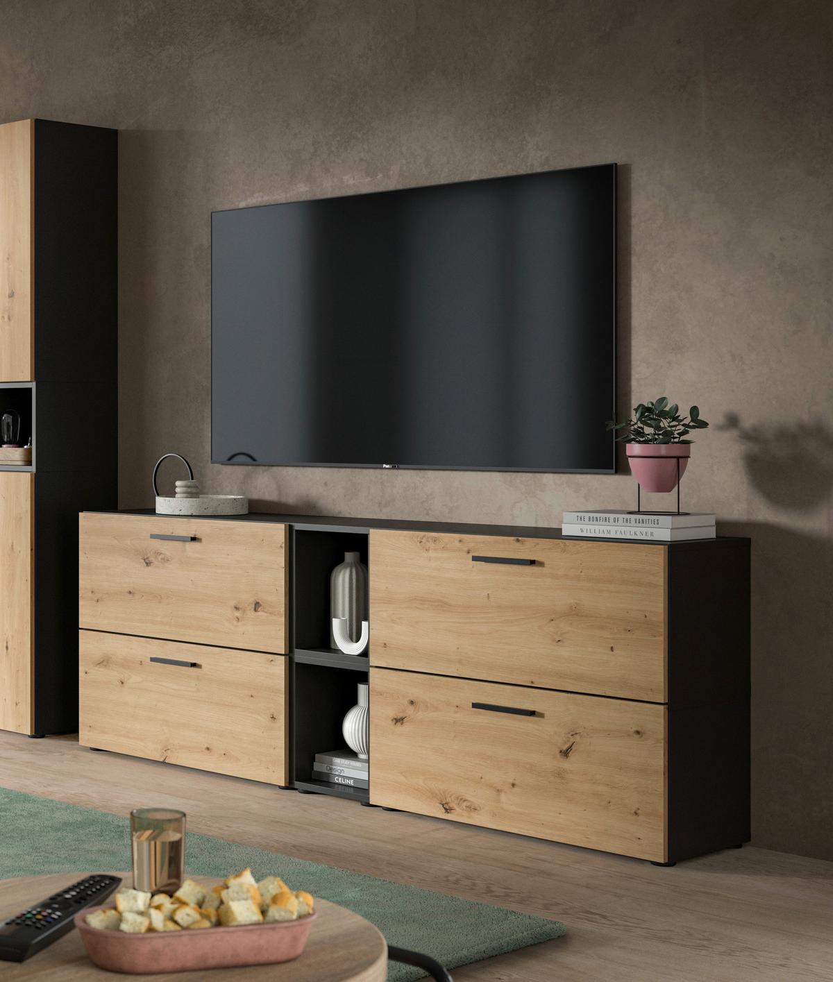 Wohnwand, The One 6, B: 176 cm Artisan Eiche Dekor/Grau - Schwarz/Eiche Artisan, Trend, Holzwerkstoff (176/67/34cm)