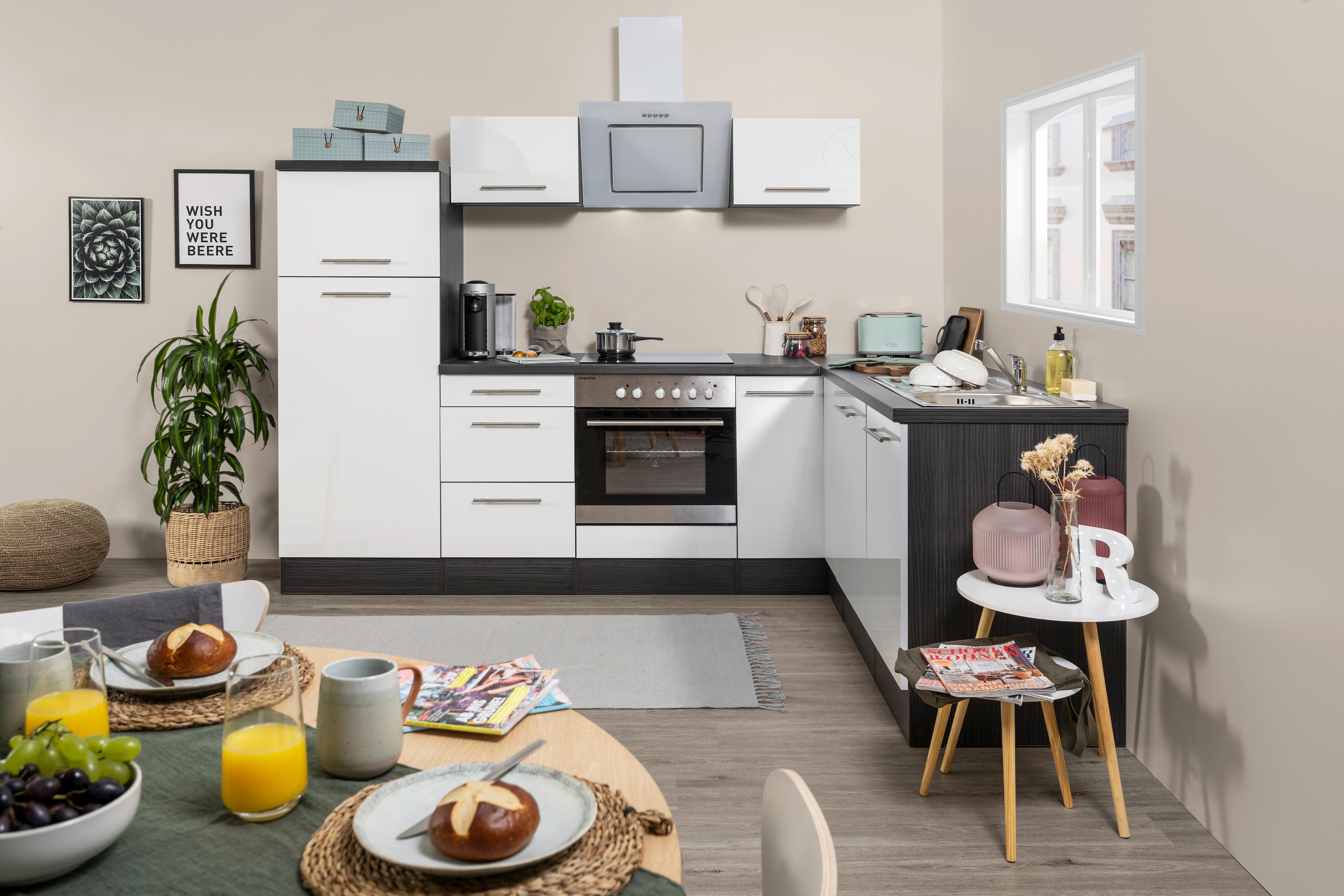 Eckküche Rp260ewc mit Geräten 260x200 cm Weiß - Weiß Hochglanz/Weiß, KONVENTIONELL, Holzwerkstoff (260/200cm) - Respekta