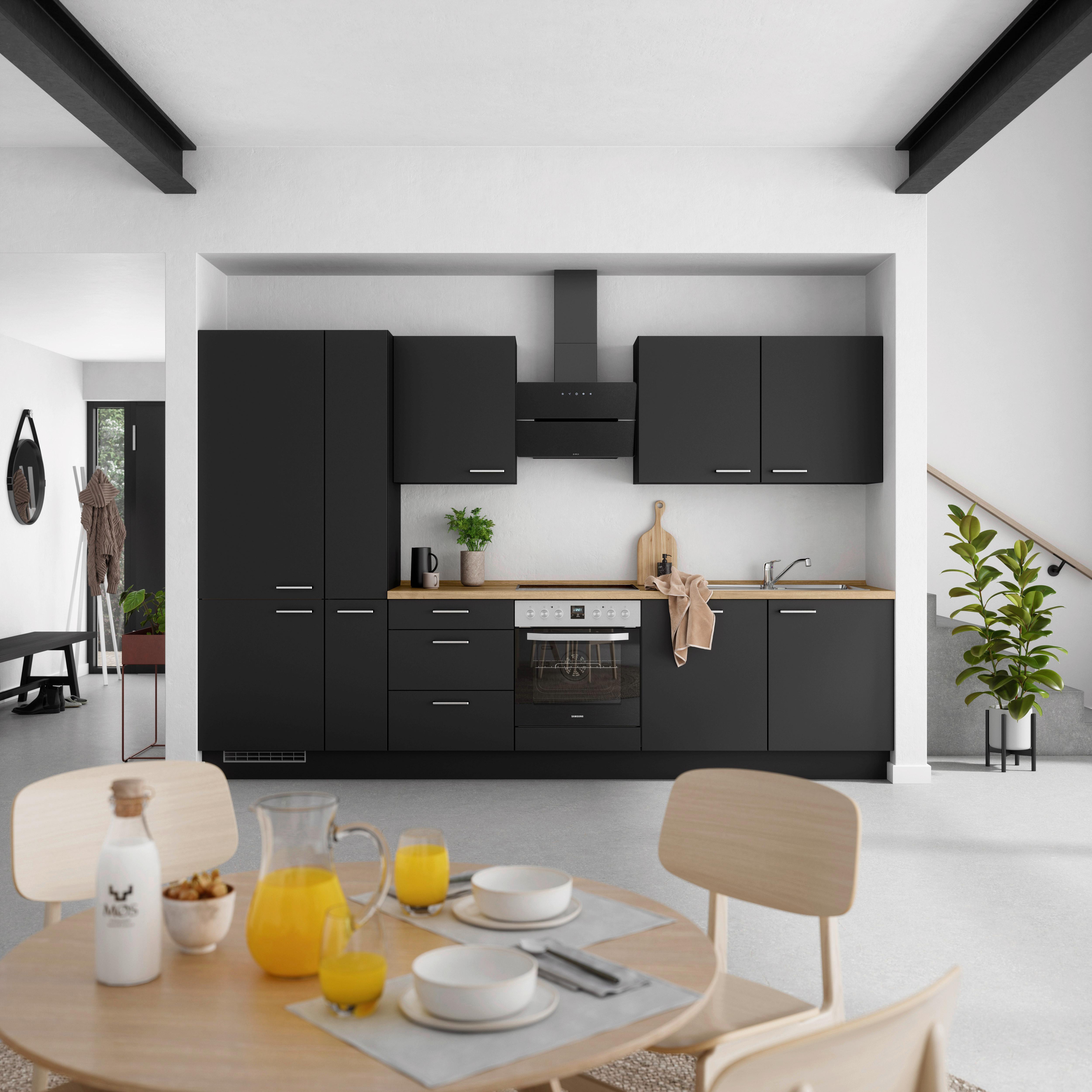 Kuchyňská linka 330 cm, čierna matná/ barva dub - černá/barvy dubu, Moderní, kov/kompozitní dřevo (330cm) - Nobilia