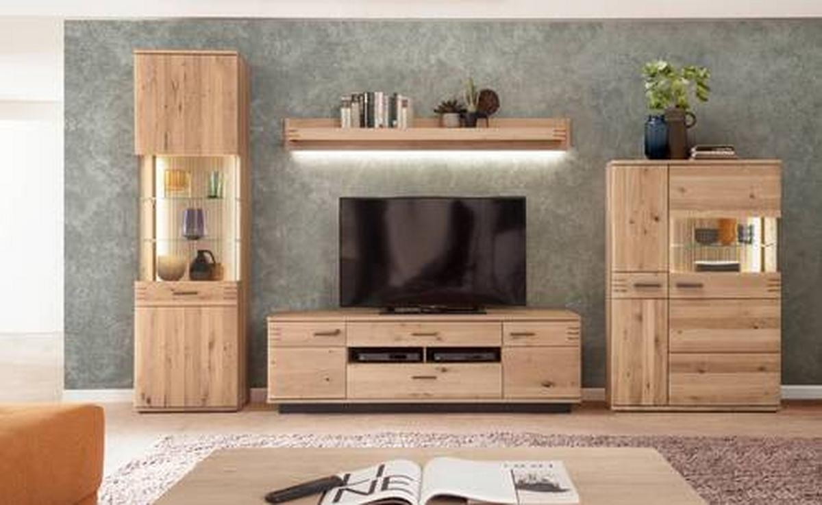 Highboard teilmassiv B: 90 cm Salvador Eichefarben - Eichefarben/Schwarz, Design, Glas/Holz (90/136/37cm) - Livetastic