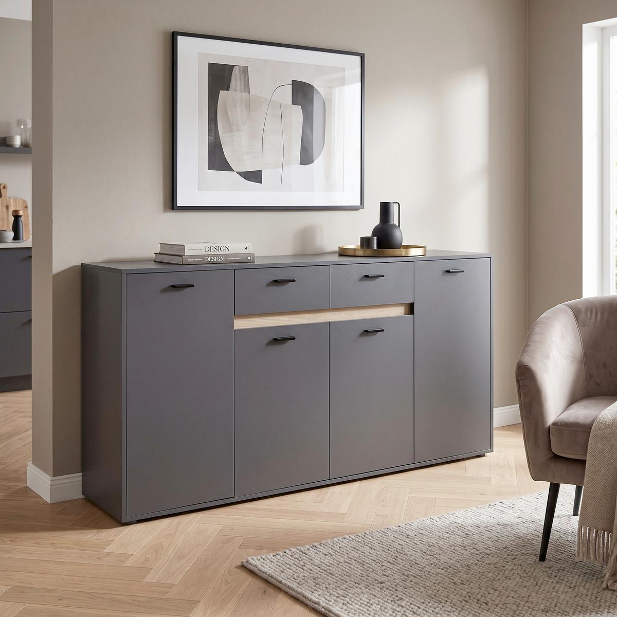 Kommode mit Bügelgriff B: 183,4 cm Slot 4T Dunkelgrau - Dunkelgrau, MODERN, Holzwerkstoff (183,4/90/40cm)