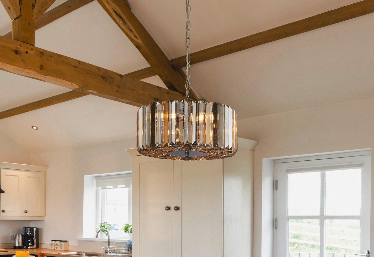 Hängeleuchte Chapeau H: 136 cm 3-Flammig - Chromfarben/Bernsteinfarben, KONVENTIONELL, Glas/Metall (35/136cm)