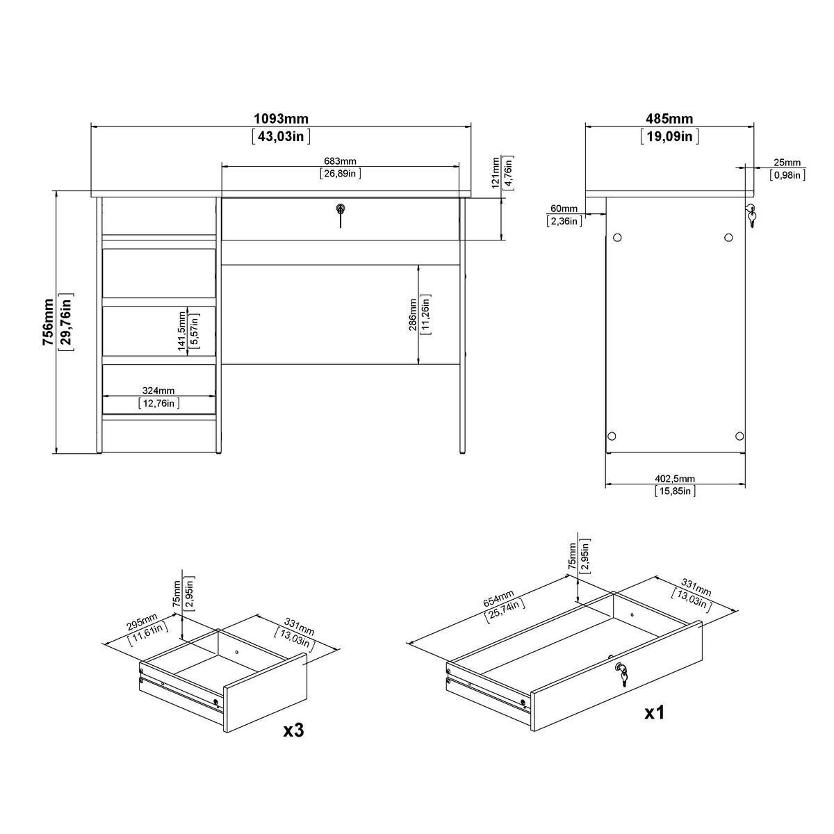 Schreibtisch Function Plus,weiß,l: 109,3 Cm - Weiß, MODERN, Holzwerkstoff (109,3/48,5/75,6cm) - MID.YOU