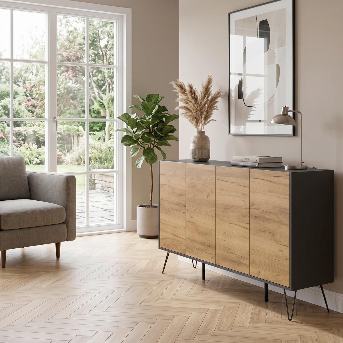 Sideboard Posseik Industrial Graphitfarben/Eichef. 155 cm - Eichefarben/Graphitfarben, Design, Holzwerkstoff (155/93,6/42cm) - MID.YOU