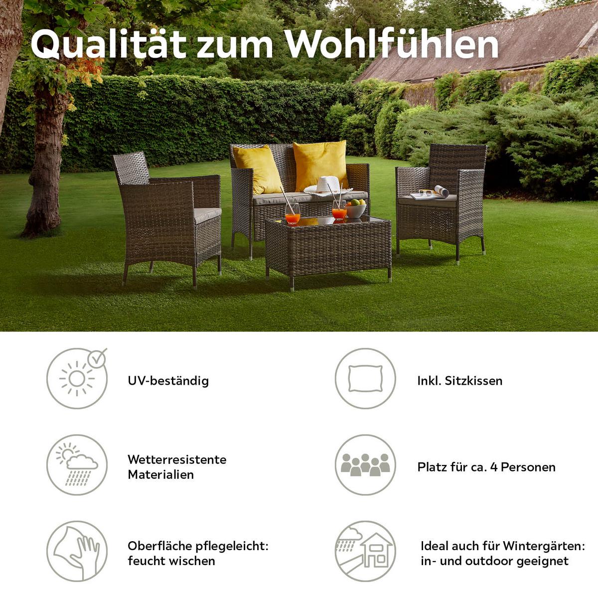 Loungegarnitur 4-tlg Valencia Kunststoff/glas Mit Kissen - Dunkelbraun/Creme, MODERN, Glas/Kunststoff - Ondega