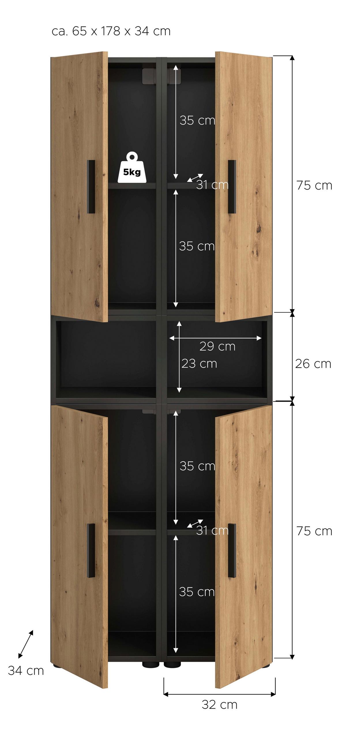 Wohnwand, The One 9, B: 65 cm Artisan Eiche Dekor/Grau - Schwarz/Eiche Artisan, Trend, Holzwerkstoff (65/178/34cm)