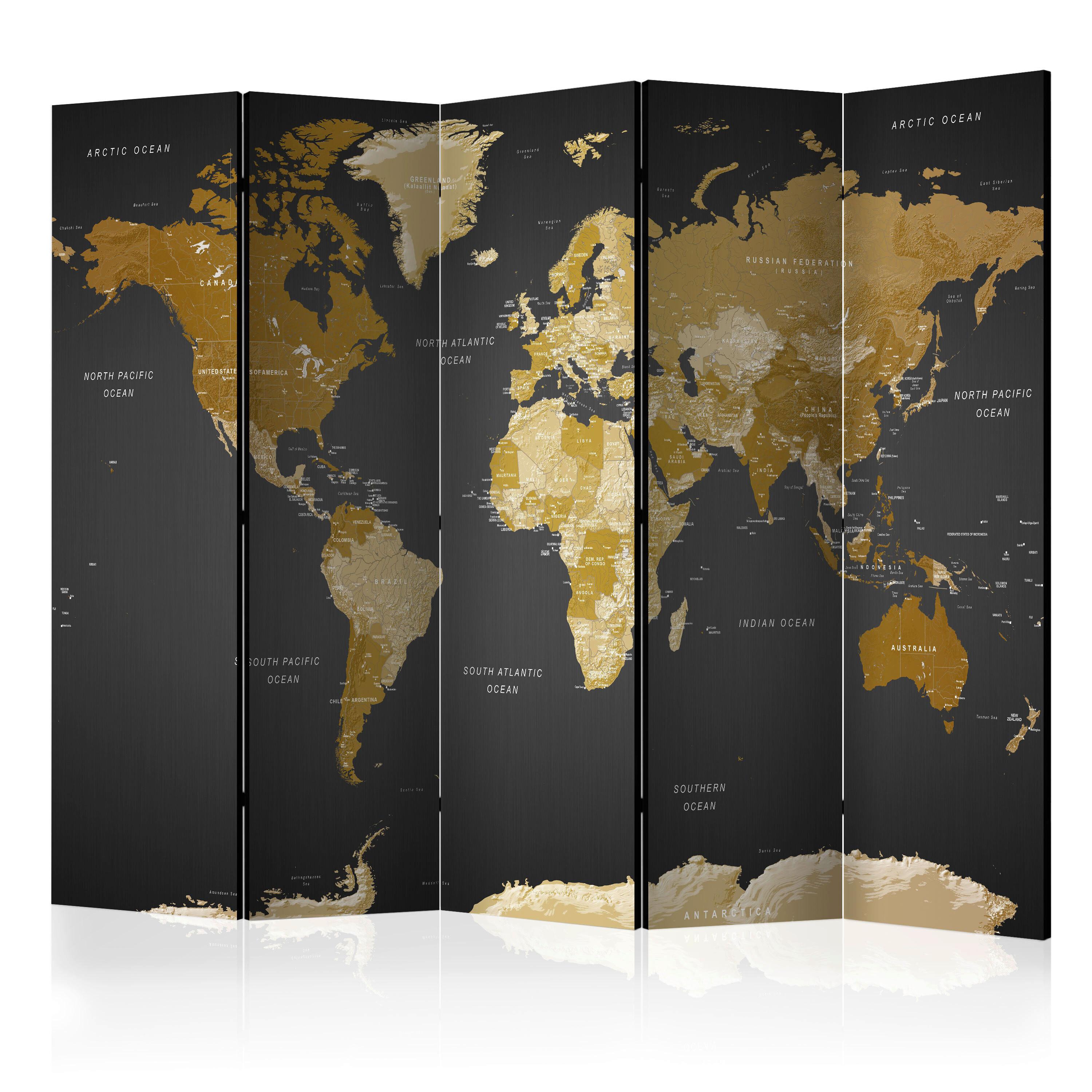OBOJSTRANNÝ PARAVÁN WORLD MAP ON DARK - šedomodrá/pískové barvy, Basics, dřevo/textil (225/172/3cm) - artgeist