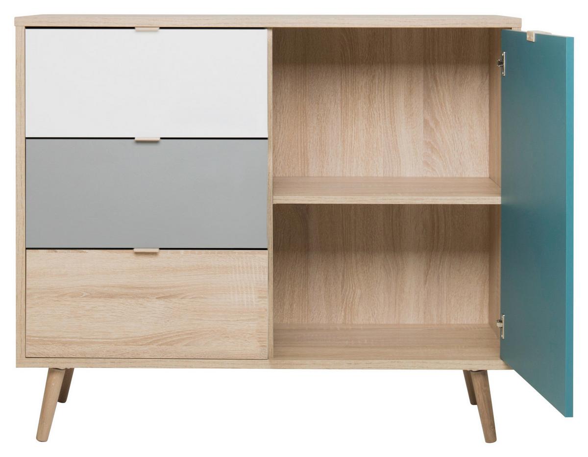 Kommode B 103cm Cuba 1-trend, Eiche Dekor/grau, Weiß, Petrol - Eichefarben/Petrol, Trend, Holzwerkstoff (103/87/40cm) - MID.YOU