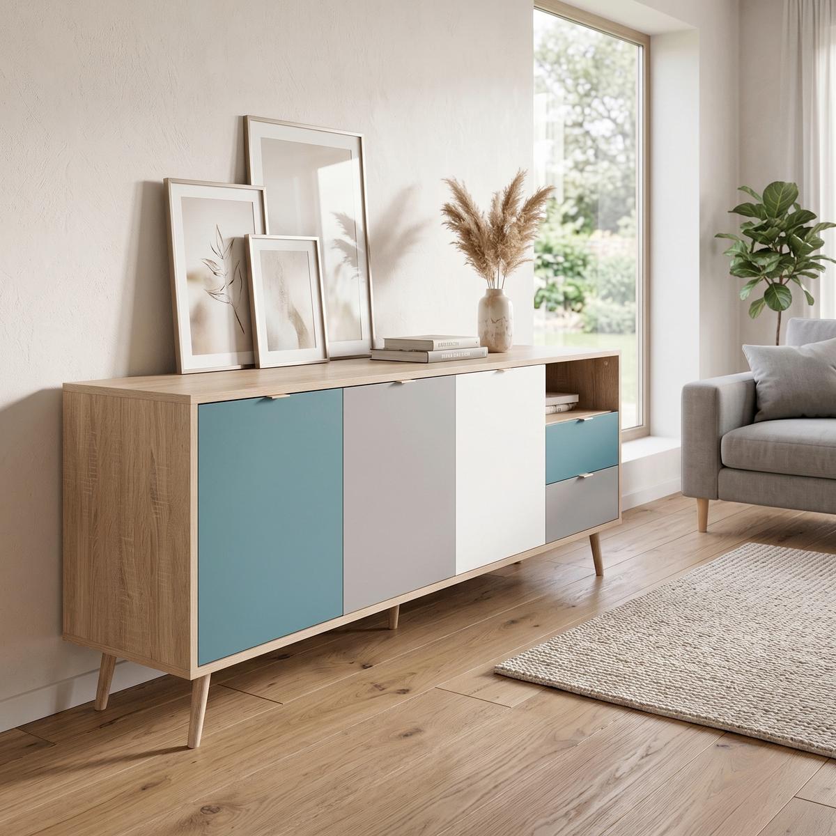 Sideboard Dekor 180 cm Cube 56-Trend, Eiche/Farbig - Eichefarben/Petrol, Trend, Holzwerkstoff (180/71/40cm) - MID.YOU