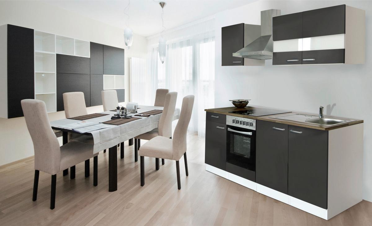 Küchenzeile Economy mit Geräten 210 cm Grau/Nussbaum Dekor - Nussbaumfarben/Weiß, Basics, Holzwerkstoff (210cm) - Respekta