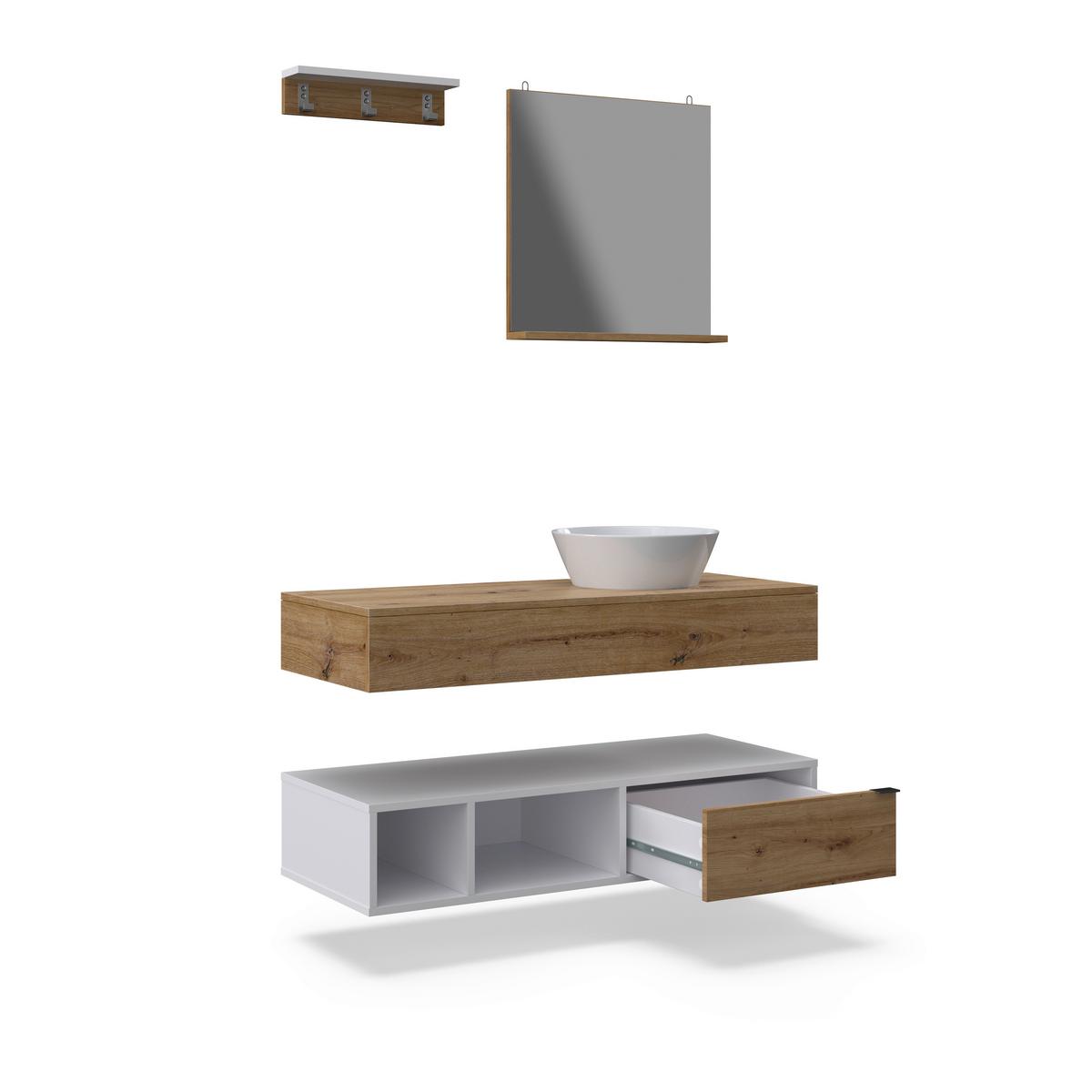 Koupelna Wick 5 -dílná přírodní/bílá - bílá/přírodní barvy, Moderní, kov/kompozitní dřevo - Bessagi Home