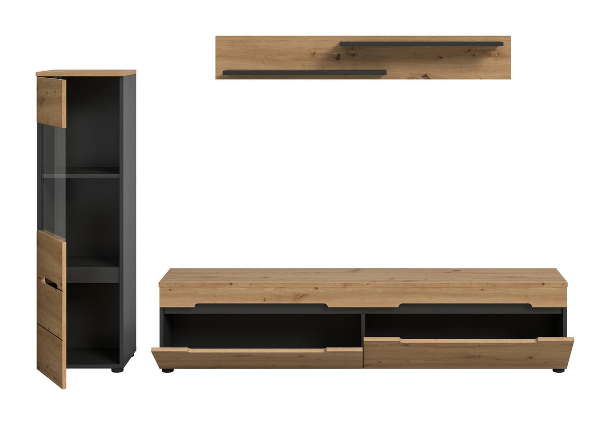 Wohnwand Canu Eiche Artisan Dekor B: 221cm - Schwarz/Eiche Artisan, Design, Holzwerkstoff (221/141/33cm) - Livetastic